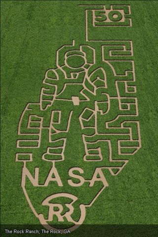 The year 2011 marked the 50th anniversary of human spaceflight and the giant corn maze at the Rock Ranch in The Rock, Georgia, celebrates the event with a giant spacesuit-clad astronaut at its core. The maze is one of seven corn mazes across the United States by farms participating in the Space Farm 7 project in 2011.
