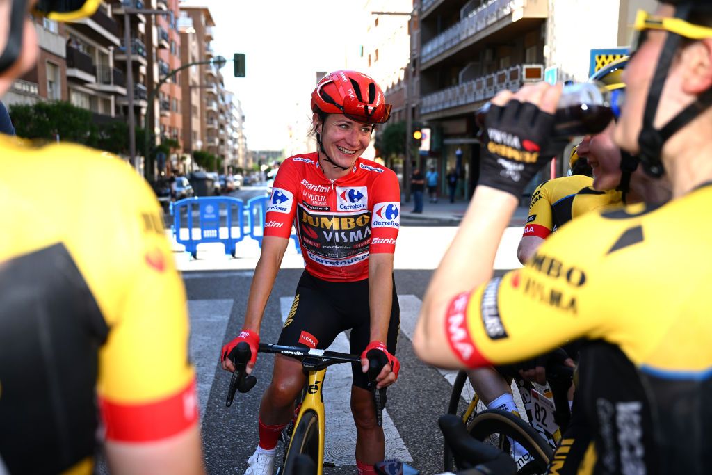 GUADALAJARA SPAIN MAY 04 Stage winner Marianne Vos of The Netherlands and Team JumboVisma Red Leader Jersey reacts after the 9th La Vuelta Femenina 2023 Stage 4 a 1331km stage from Cuenca to Guadalajara UCIWWT on May 04 2023 in Guadalajara Spain Photo by Dario BelingheriGetty Images