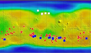 This map of Mars shows relative locations of three types of findings related to salt or frozen water, plus a new type of finding that may be related to both salt and water. Blue boxes are caches of water ice; white boxes are fresh craters that exposed water ice; red boxes are salt deposits that may be from salt water evaporation.