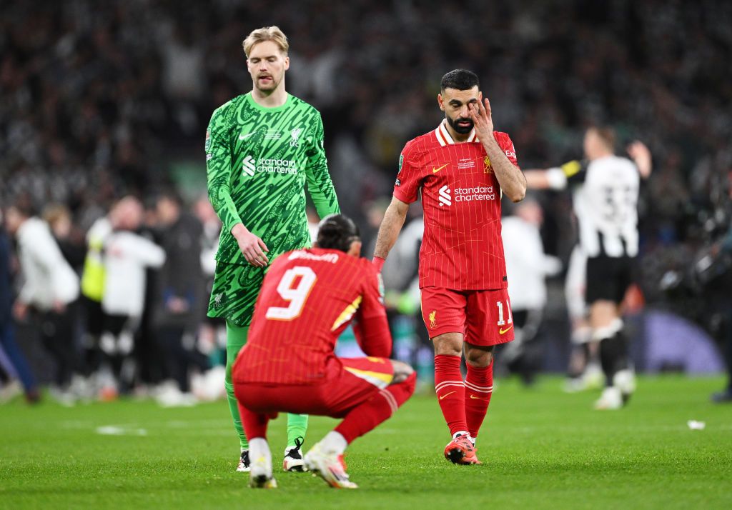 Mohamed Salah looks dejected after the team&#039;s defeat in the Carabao Cup Final between Liverpool and Newcastle United at Wembley Stadium on March 16, 2025 in London, England.