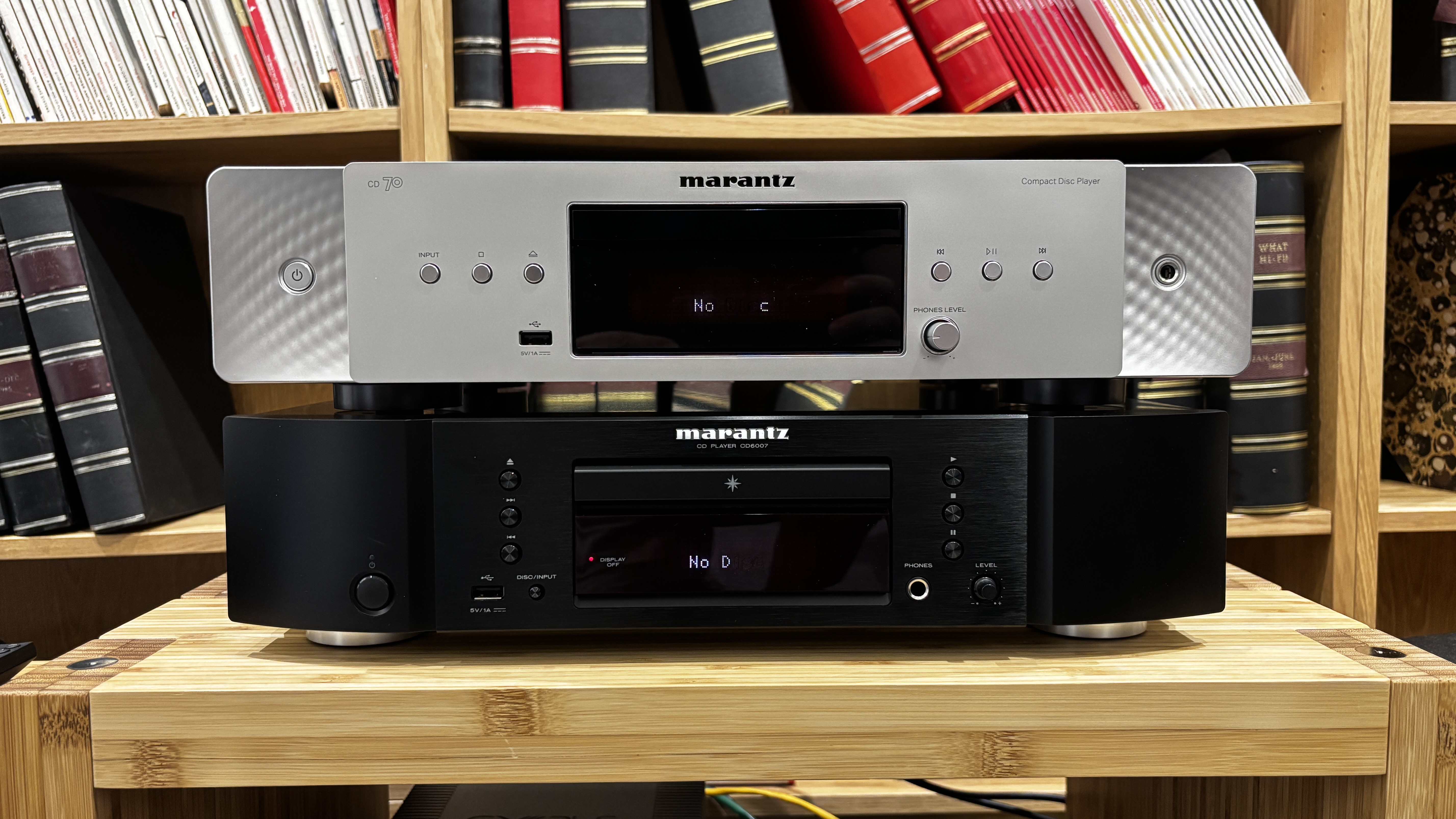 Marantz CD 70 stacked on top of the Marantz CD6007 on a hi-fi rack