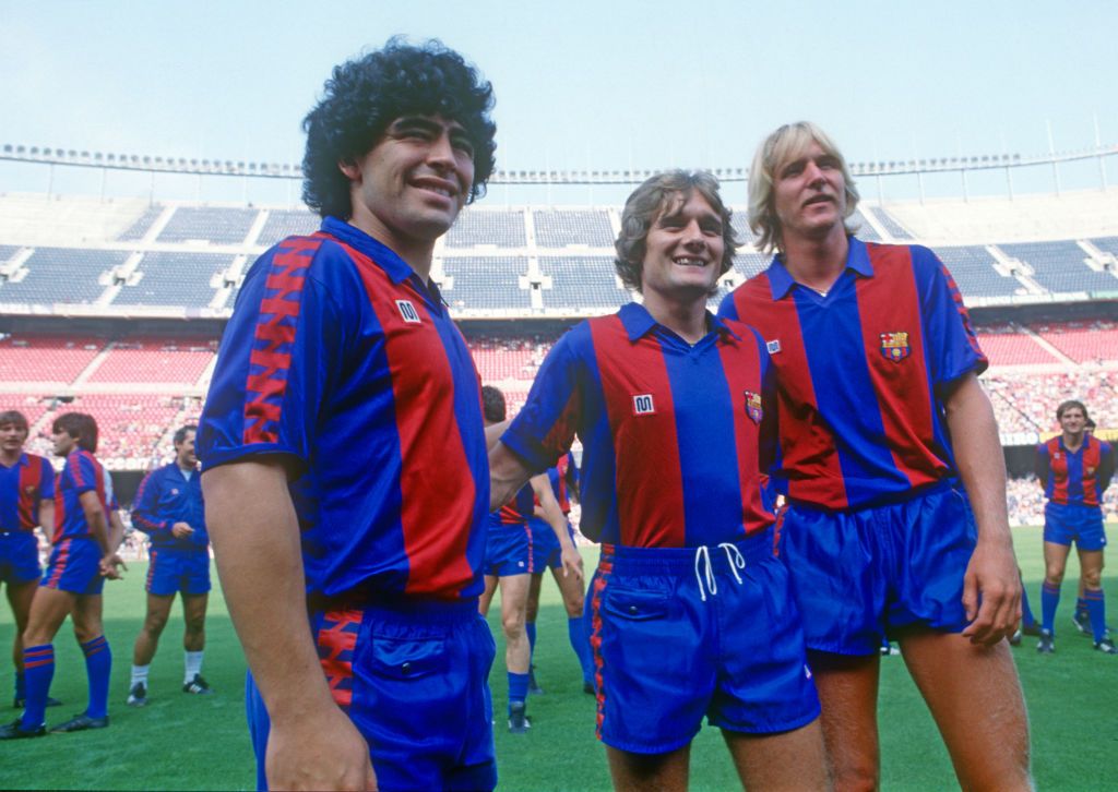 BARCELONA, SPAIN - JULY 28: The three stars of F.C. Barcelona, Diego Armando Maradona, Allan Simonsen and Bernd Schuster, at the presentation of the squad for the 1982-1983 season, held at the Camp Nou, Barcelona, Spain, on July 28, 1982. (Photo by Sigfrid Casals/Getty Images)