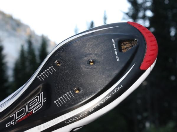 The textured sole offers a solid purchase for cleats and a vent up front brings in cooling air.