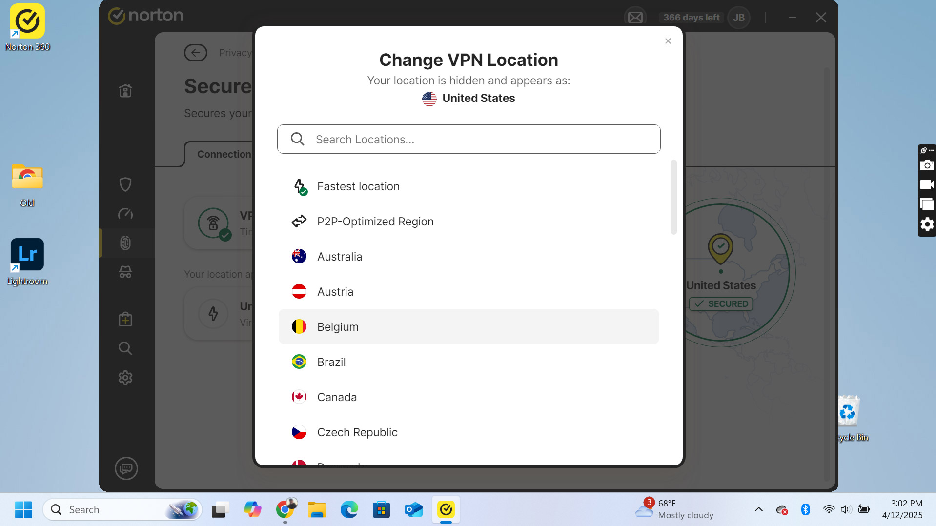 A screenshot of the Norton 360 Deluxe VPN location interface.