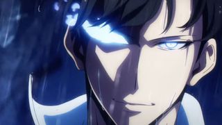 Jinwoo stares down the camera with his right eye becoming a streak of lightning