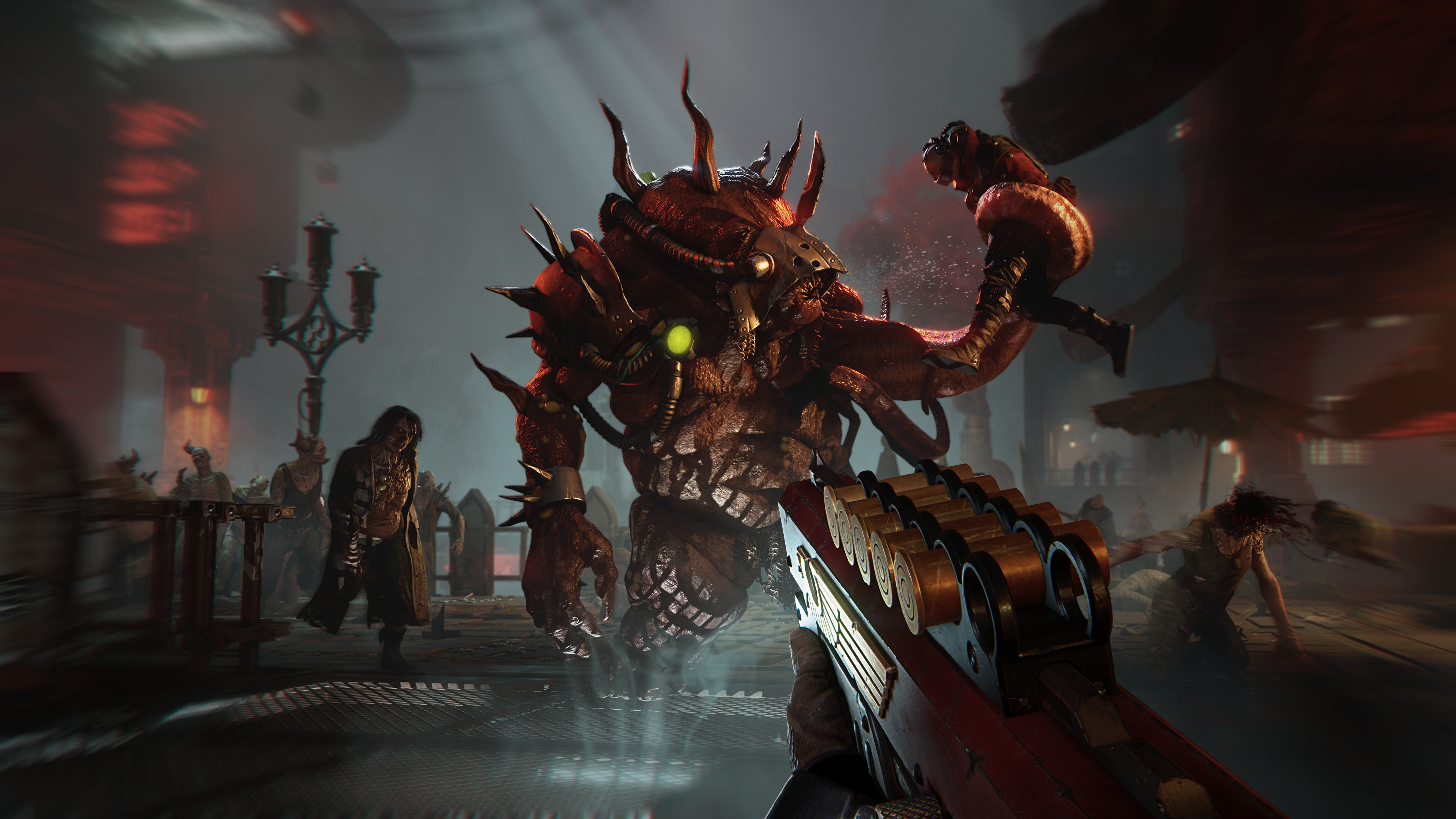 Promotional screenshot of the Arbites fighting Daemons in Warhammer 40,000: Darktide.