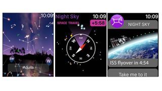 Skjermbilder fra appen Night Sky på Apple Watch.