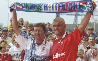 Fabrizio Ravanelli being unveiled as a Middlesbrough player by Bryan Robson