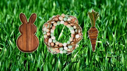 Walmart Easter decor ideas, including a wooden bunny tray, an egg wreath, and a wooden carrot on a green grass background