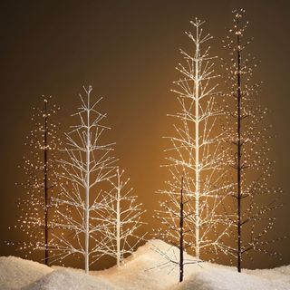 Lit Twinkling Twig Tree against a brown background. 