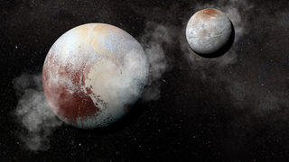 An illustration shows Pluto and its largest moon Charon