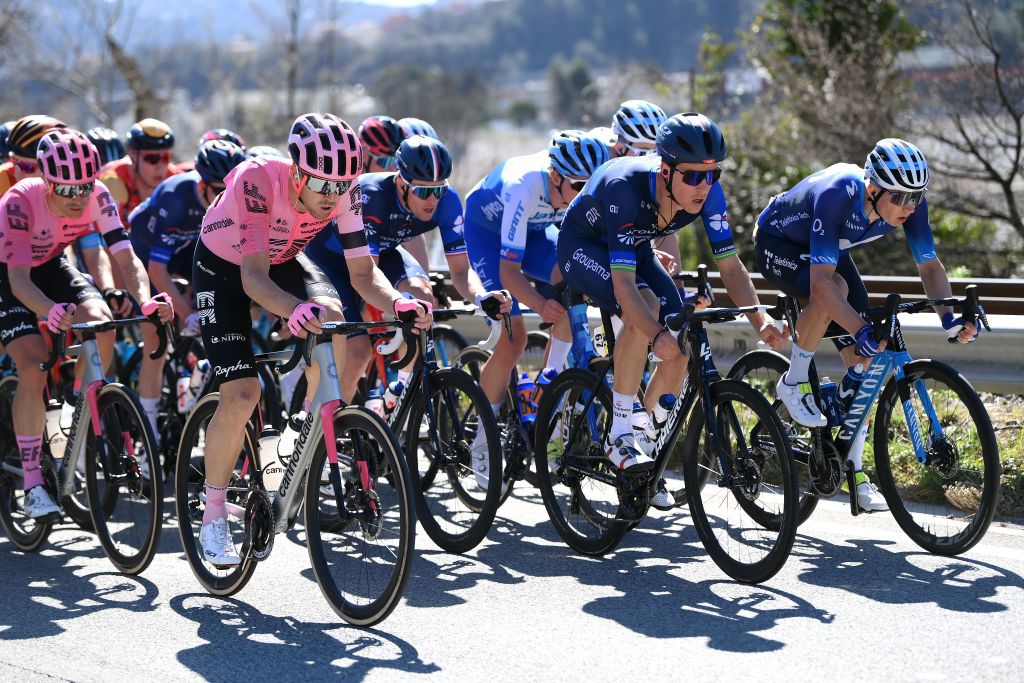 NICE FRANCE MARCH 12 LR Tom Scully of New Zealand and Team EF Education Easypost Miles Scotson of Australia and Team Groupama FDJ and Max Kanter of Germany and Movistar Team compete during the 81st Paris Nice 2023 Stage 8 a 1184km stage from Nice to Nice UCIWT ParisNice on March 12 2023 in Nice France Photo by Alex BroadwayGetty Images