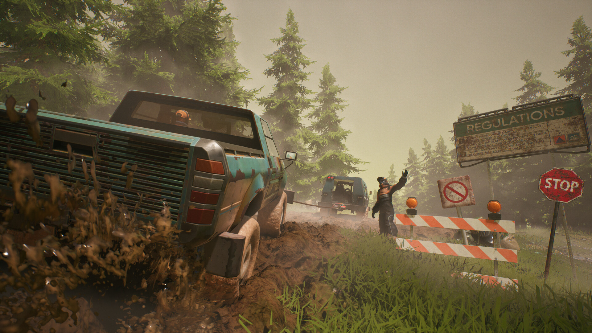 A truck stuck in the mud on the side of a road, with a character directing another truck to pull them out.