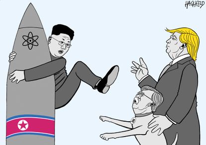 Political cartoon U.S. Trump John Bolton Kim Jong-Un North Korea summit nuclear weapons