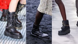 A composite of models on the runway showing shoe trends 2023 stomper boots