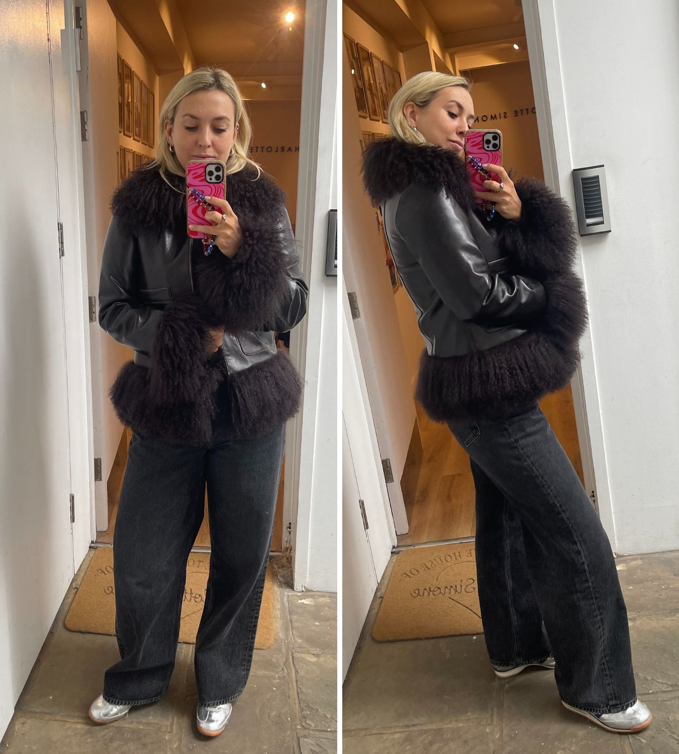 Clementina Jackson tries on the charlotte simone joni coat
