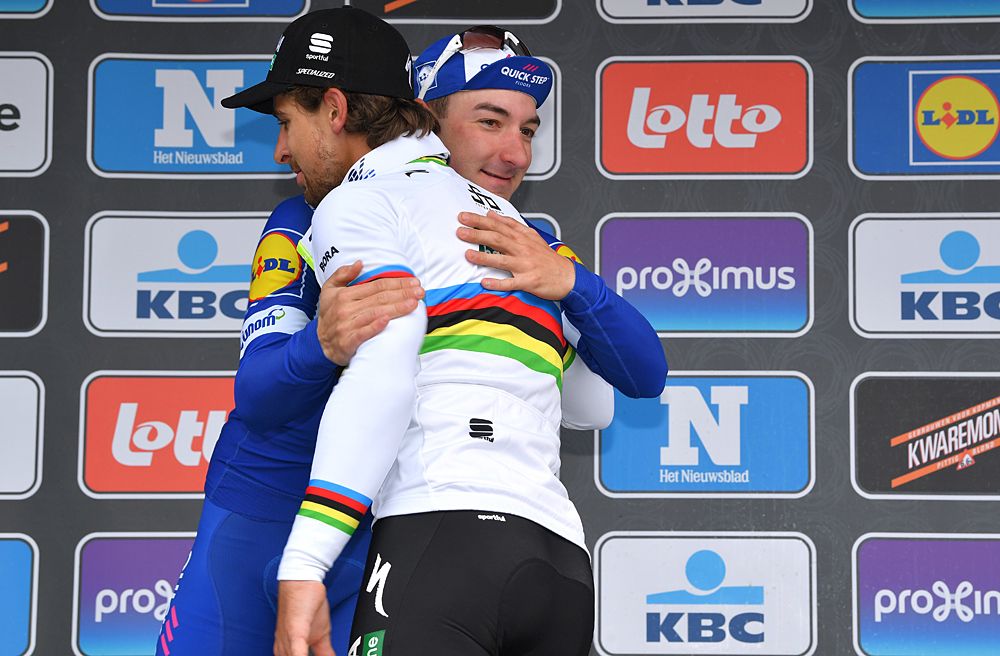 Elia Viviani gives Peter Sagan a congratulations hug at Gent-Wevelgem 2018