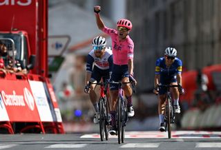 MONFORTE DE LEMOS SPAIN SEPTEMBER 03 Magnus Cort Nielsen of Denmark and Team EF Education Nippo celebrates winning ahead of Quinn Simmons of United States and Team Trek Segafredo and Andrea Bagioli of Italy and Team Deceuninck QuickStep during the 76th Tour of Spain 2021 Stage 19 a 1912 km stage from Tapia to Monforte de Lemos lavuelta LaVuelta21 on September 03 2021 in Monforte de Lemos Spain Photo by Stuart FranklinGetty Images