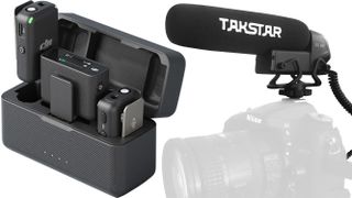 DJI Mic 2 in case on left and a Takstar hotshoe microphone mounted to a Nikon DSLR on the right