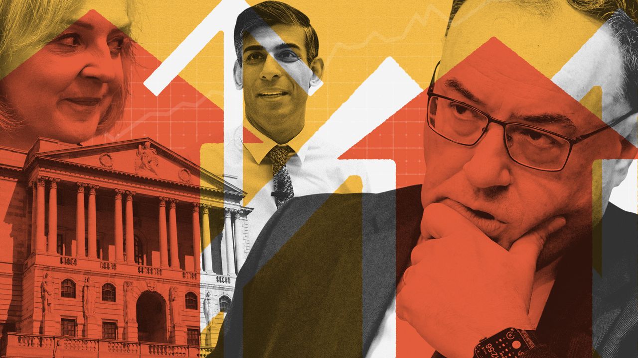 Illustraton of Andrew Bailey, Rishi Sunak and Liz Truss against a Bank of England background