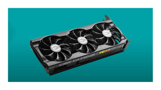 RTX 3080 Ti card in front of green background. 