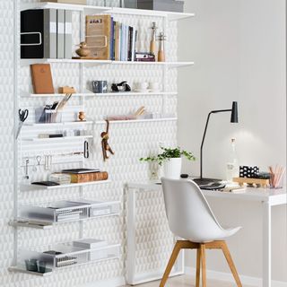 home office with white wall white desk with chair and white designed wall storage