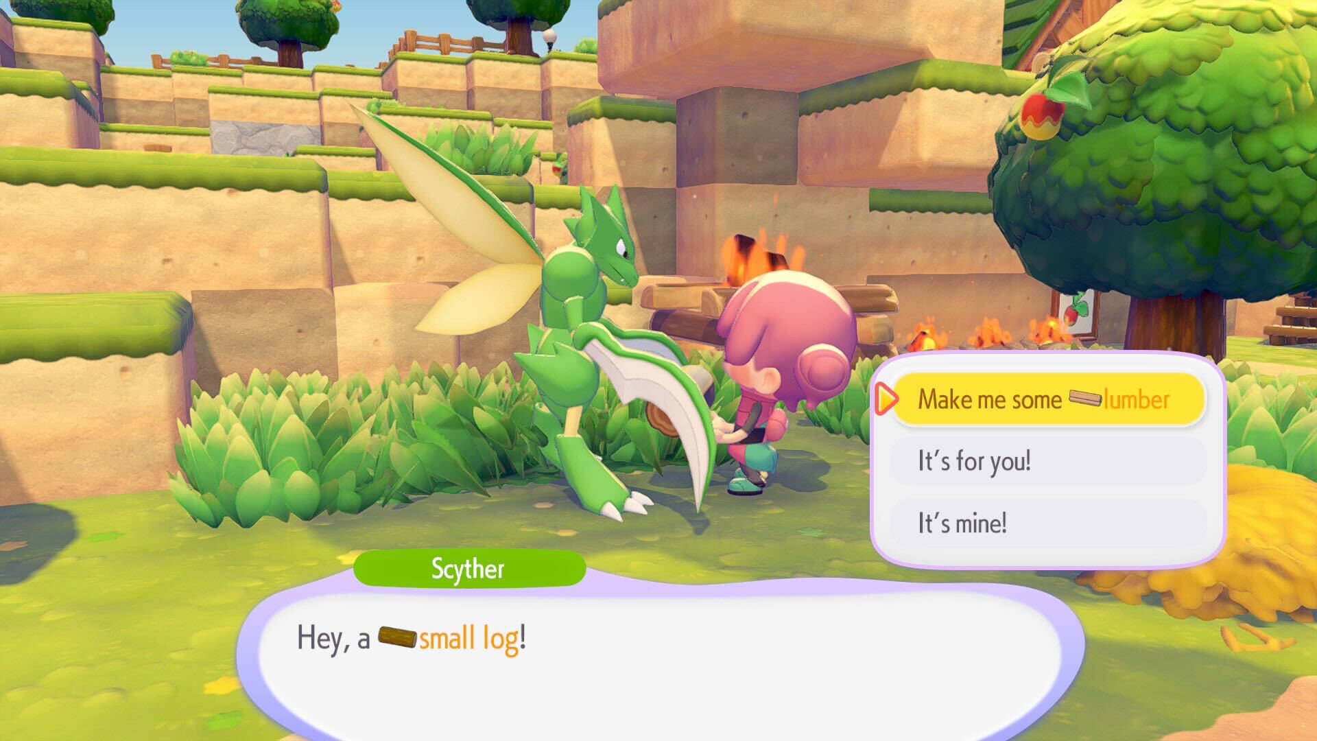Speaking with Scyther about making lumber in Pokemon Pokopia