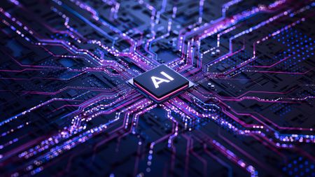 An illustration of a circuit board with AI in the center