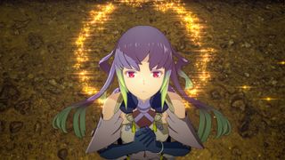 A woman with purple hair with a yellow halo and ominous red eyes