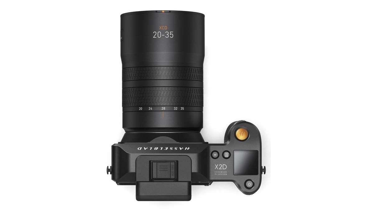 Hasselblad XCD 20-35E lens, mounted to a Hasselblad X2D, against a white background