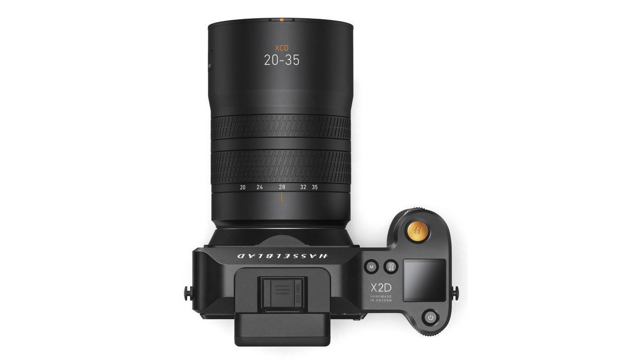 Hasselblad XCD 20-35E lens, mounted to a Hasselblad X2D, against a white background