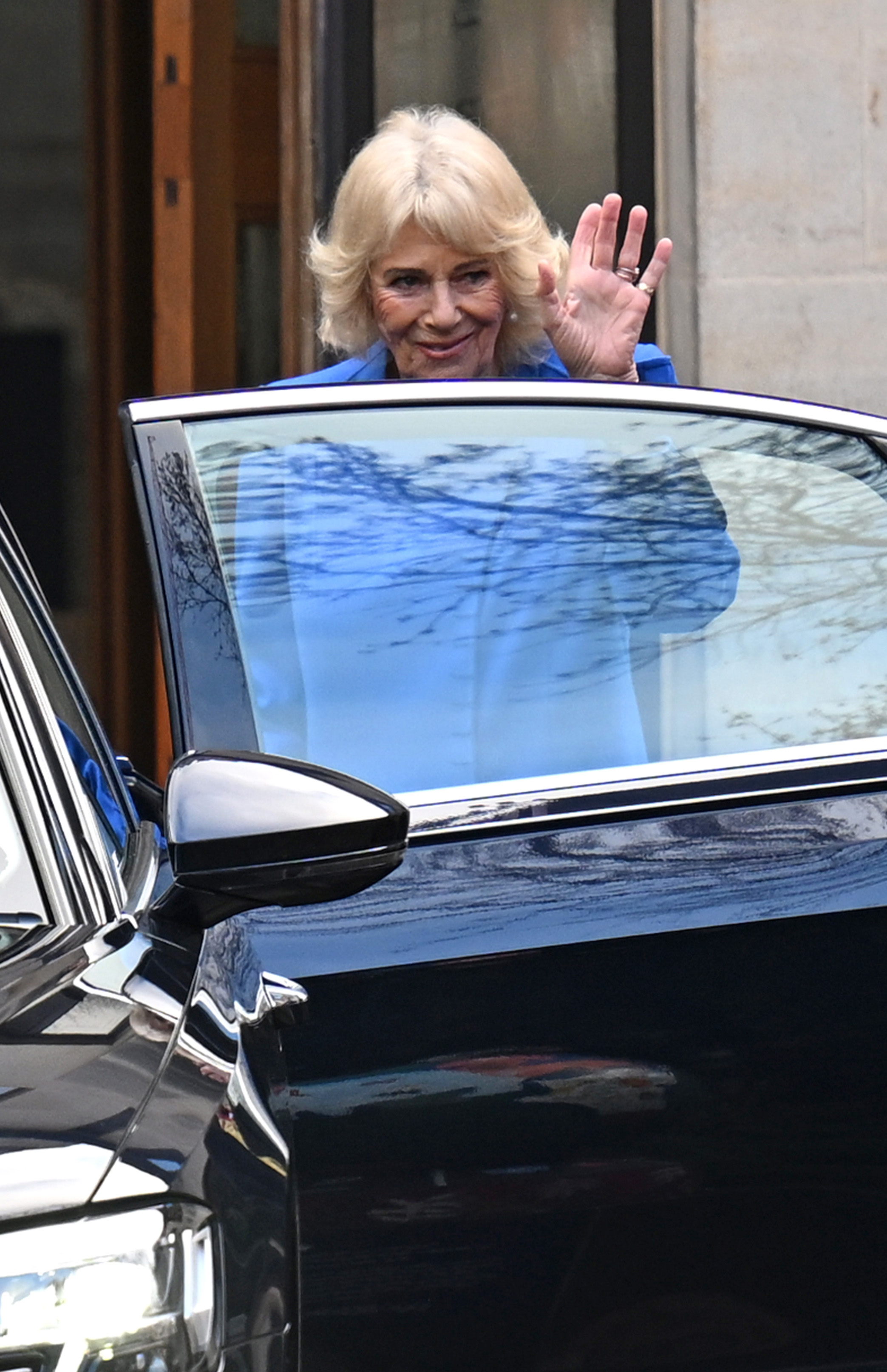 Queen Camilla departs from the memorial for Dame Jilly Cooper at Southwark Cathedral on January 30, 2026 in London, England.
