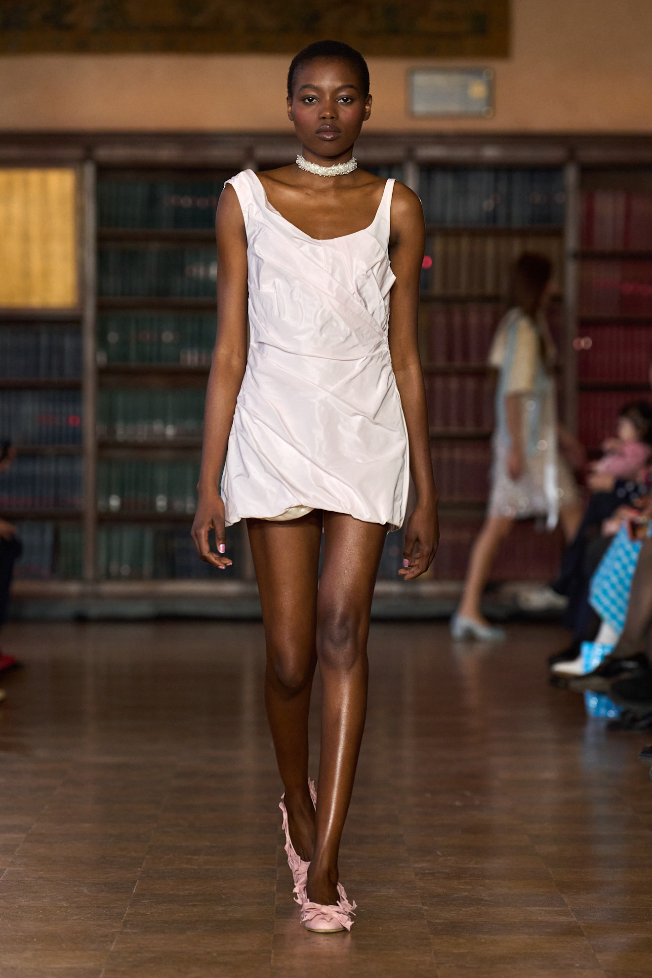 models walk the Sandy Liang Fall 2026 fashion show runway wearing slipper shoes 