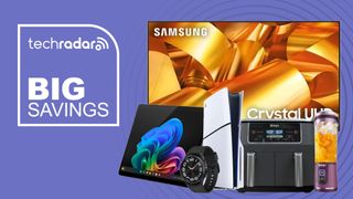 Collage of tech deals from the Best Buy sale including Samsung TV, Surface laptop, PS5, Ninja air fryer and Samsung Galaxy Watch 6