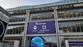 An outdoor shot of KubeCon 2024 at the Paris Convention Centre.