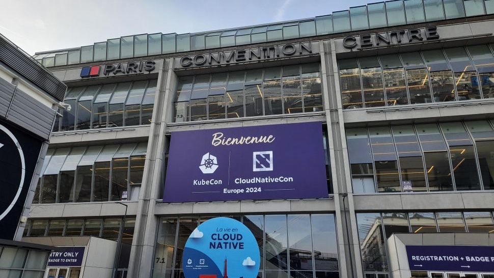 An outdoor shot of KubeCon 2024 at the Paris Convention Centre.