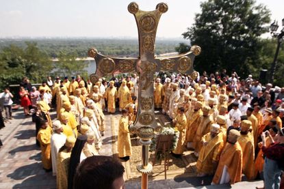 Prayer service dedicated to 1033rd anniversary of the Christianisation of Kyivan Rus-Ukraine at monument to St Volodymyr in Kyiv in July 2021