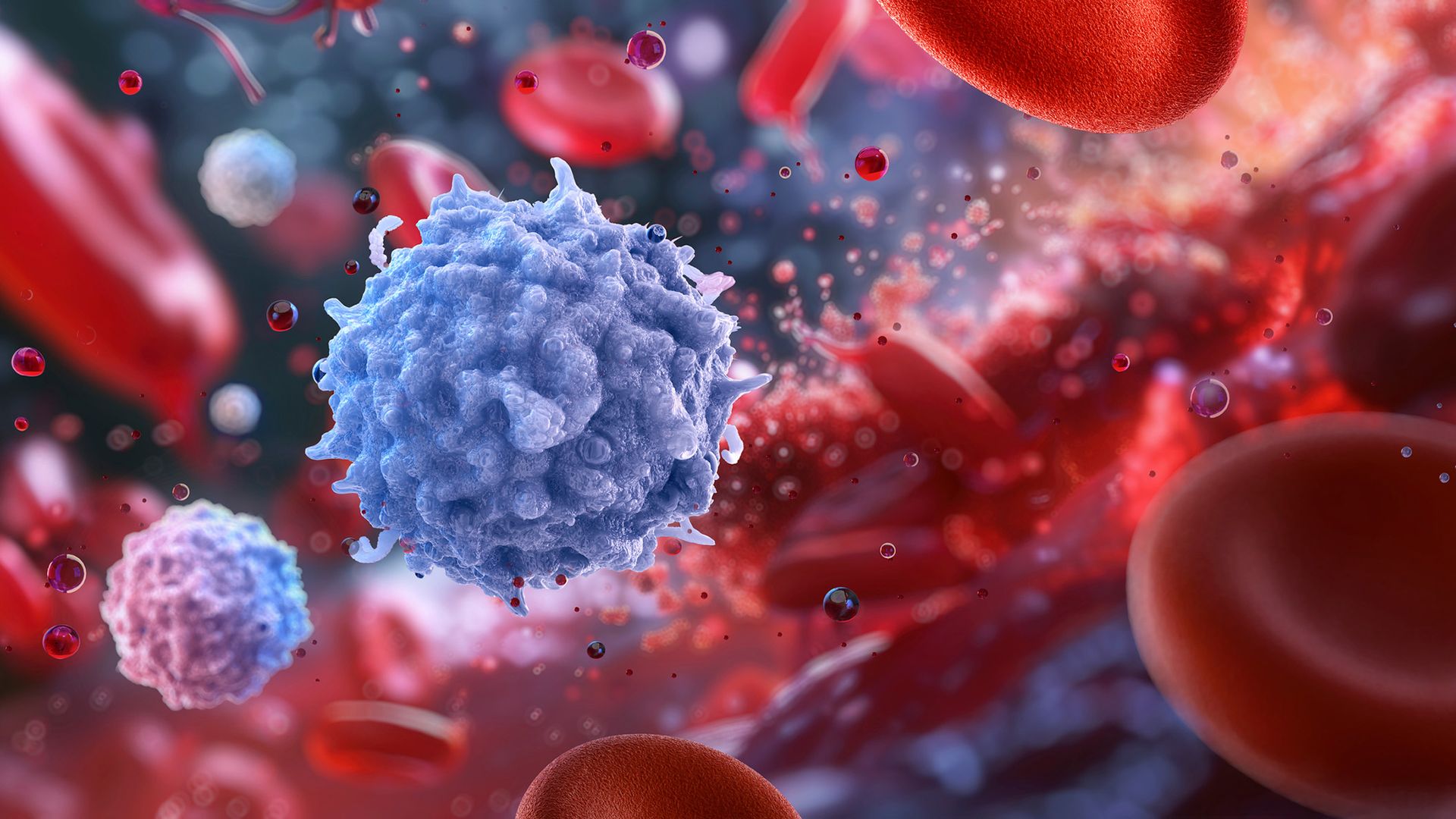 An illustration of a spiky purple sphere in the midst of blood cells