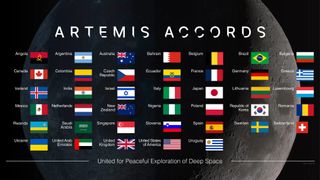 Artemis accords signed by 40 countries. This graphic shows the list of countries along with their respective flags.