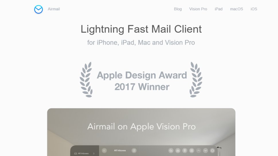 Website screenshot of AirMail (January, 2026)