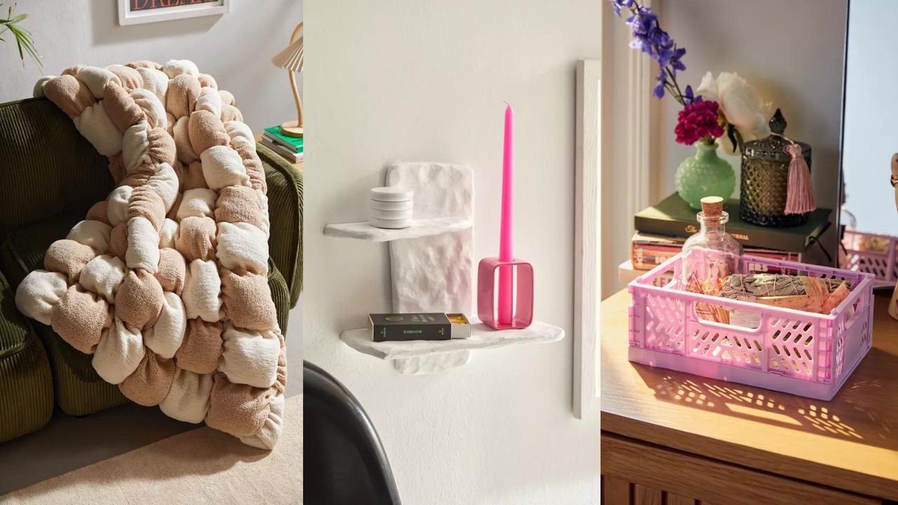 A trio of Urban Outfitters home decor products including throw blanket, shelf and plastic crate