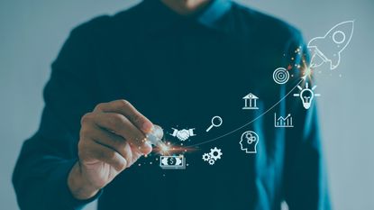 Startup business concept showing an upward arrow, representing launch and future success