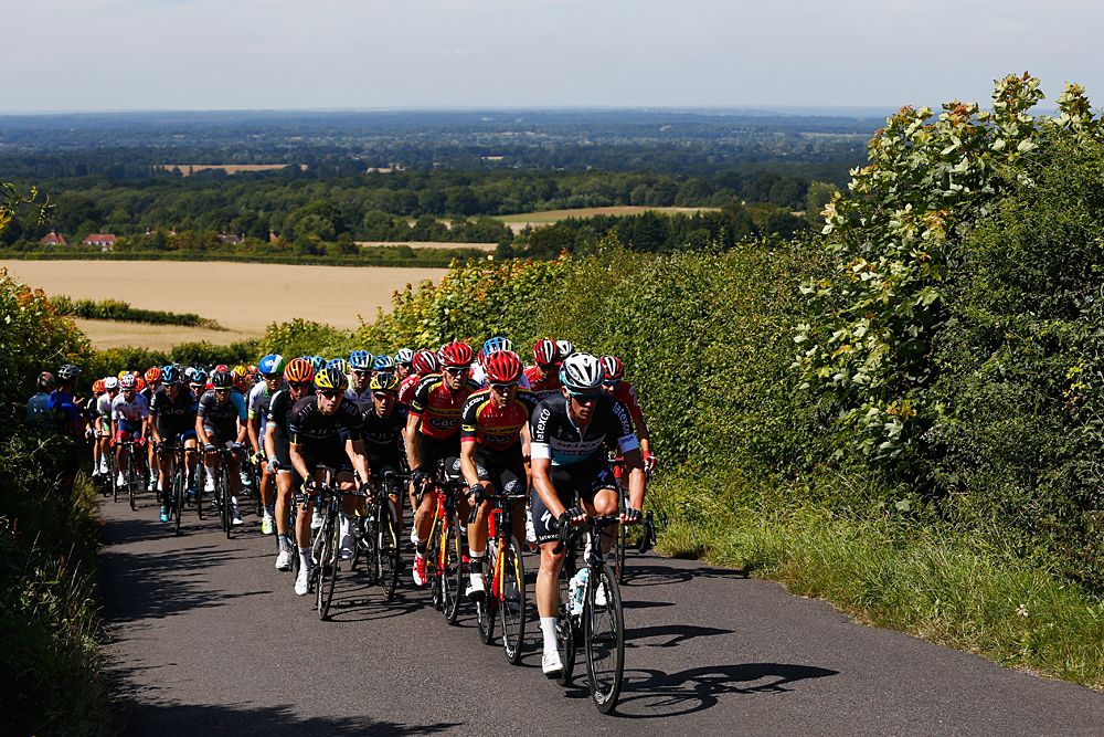 The peloton racing during the RideLondon Classic