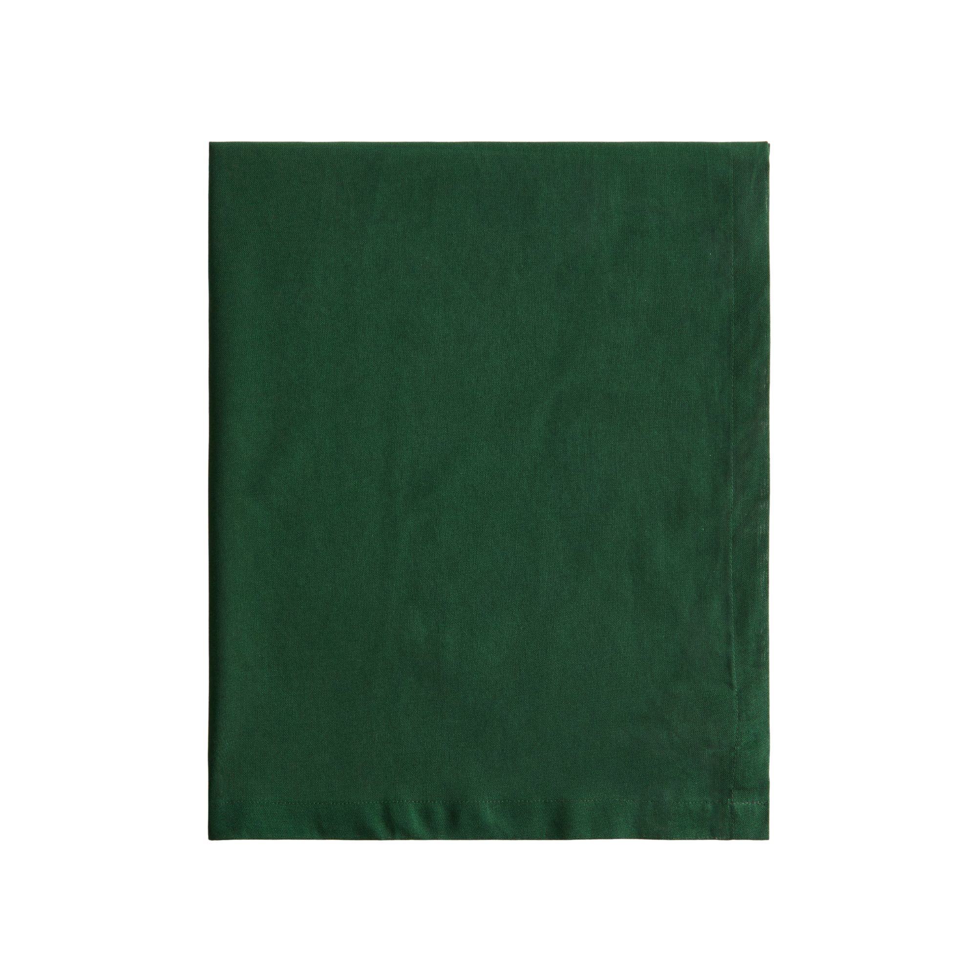 A dark green tablecloth folded into a rectangular shape