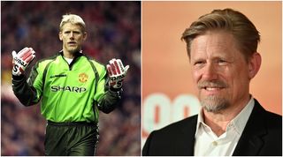 24 Jan 1999: Manchester United keeper Peter Schmeichel asks for his ball back in the FA Cup fourth round clash against Liverpool at Old Trafford in Manchester, England. United won 2-1. \ Mandatory Credit: Ross Kinnaird /Allsport