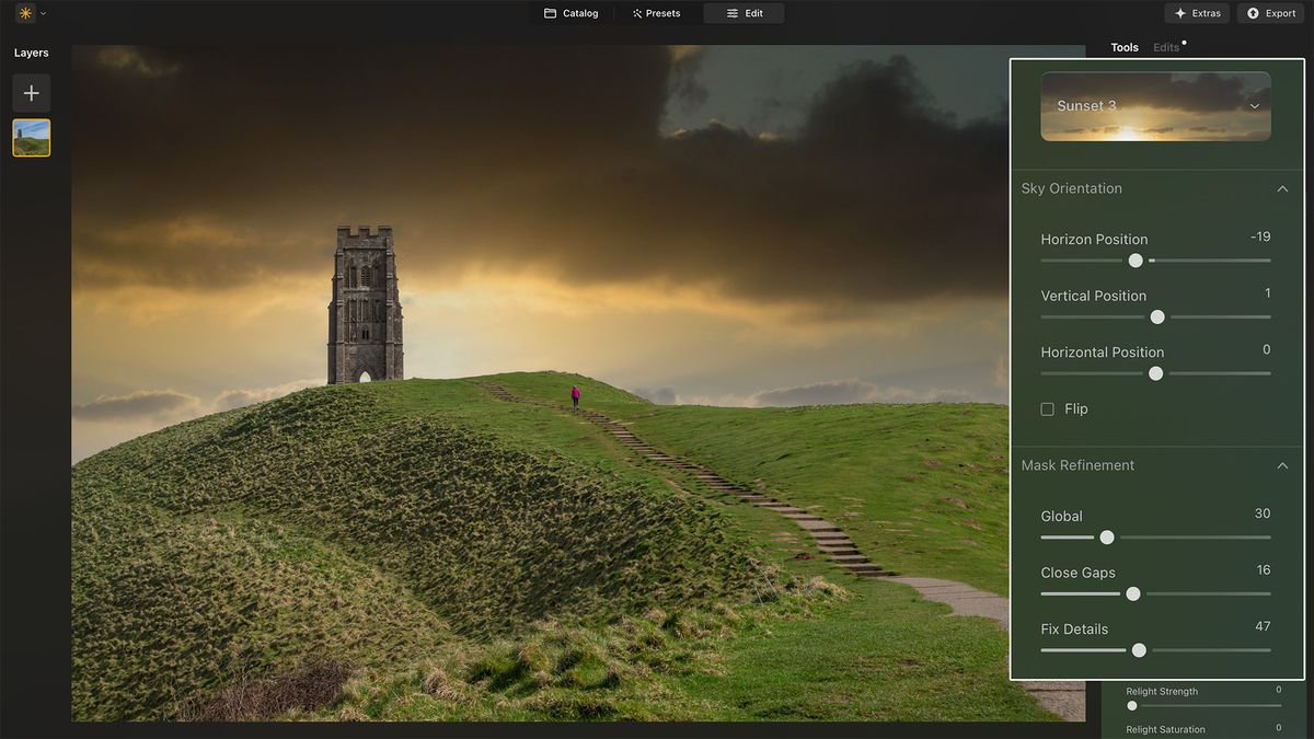 Luminar Neo screenshot showing historic building on hill with sunset sky