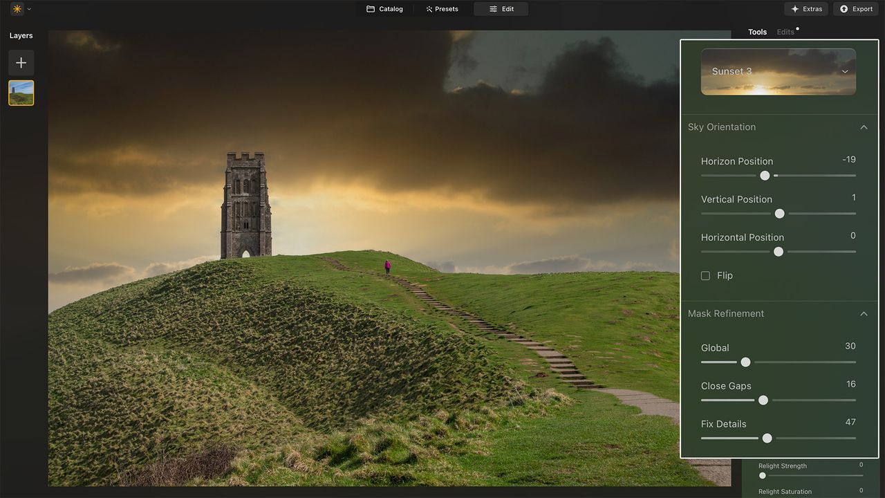 Luminar Neo screenshot showing historic building on hill with sunset sky