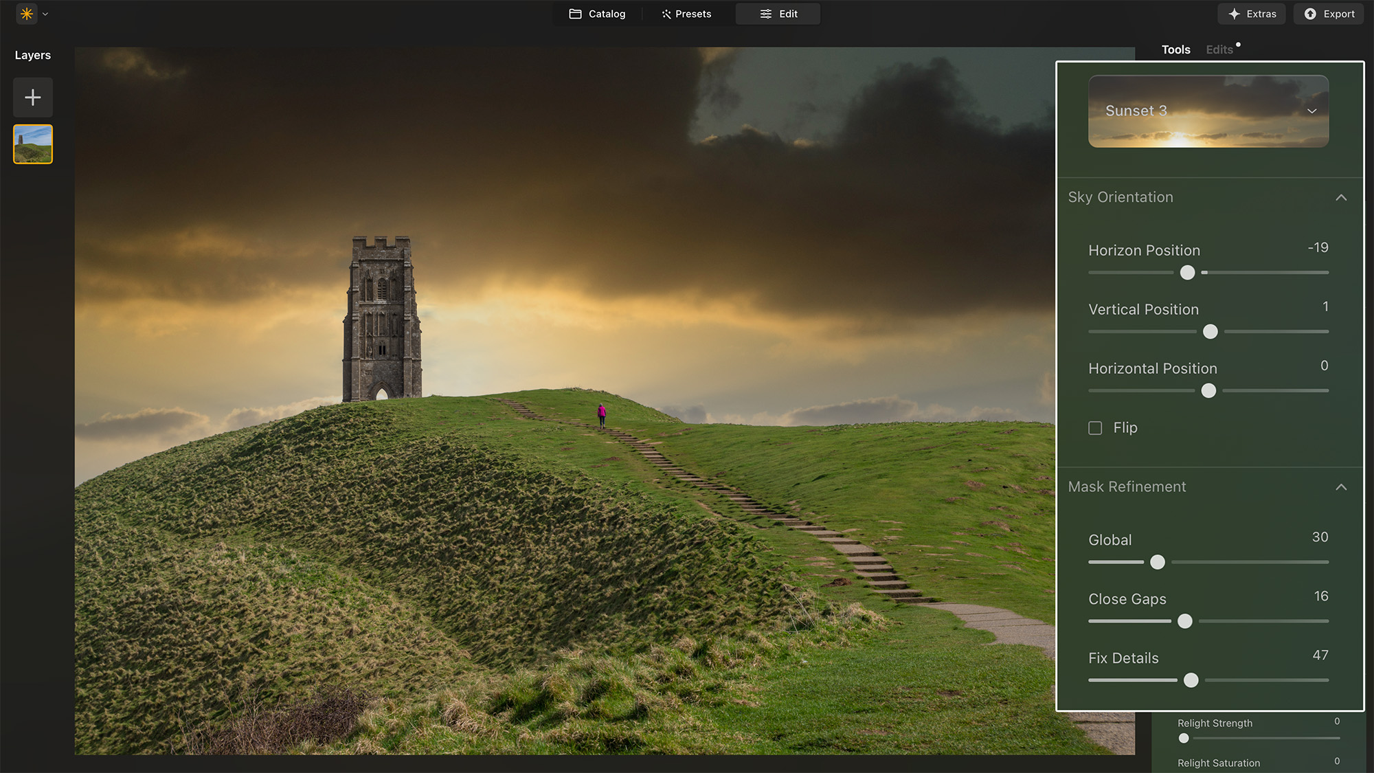 Luminar Neo screenshot showing historic building on hill with sunset sky