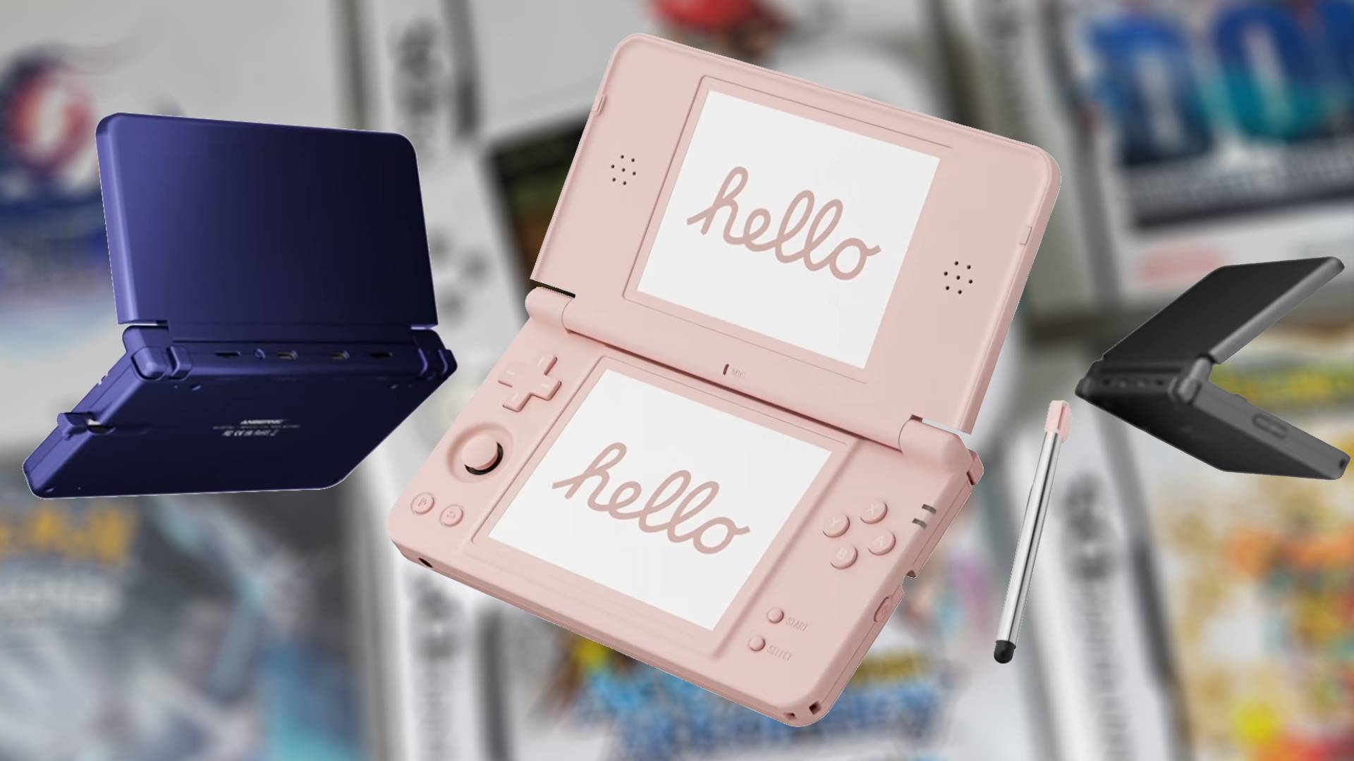 Anbernic RG DS Plus handhelds with blue on left, pink in middle next to stylus, and black on right with blurred Nintendo DS games in backdrop.