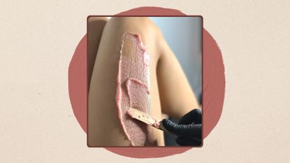 Image of woman's leg with wax applied, set in a frame in front of a terracotta circle and beige background